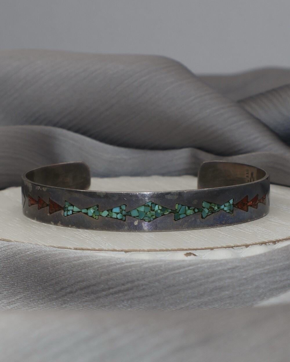 Vintage Navajo Sterling Turquoise & Coral Cuff Bracelet 13G / 7in N1466